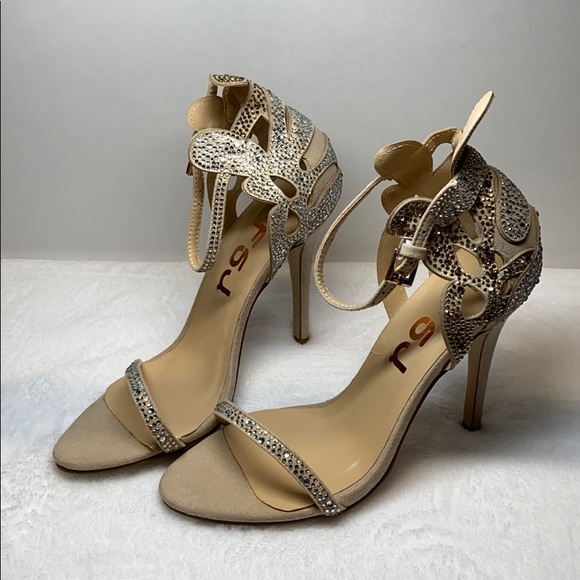 Champagne Rhinestones Ankle Strap Stiletto Heels - Picture 5 of 9